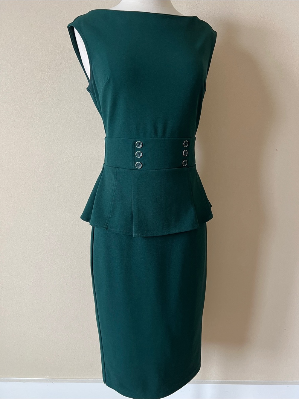 New York & Company Dark Green Peplum Sheath Midi Dress